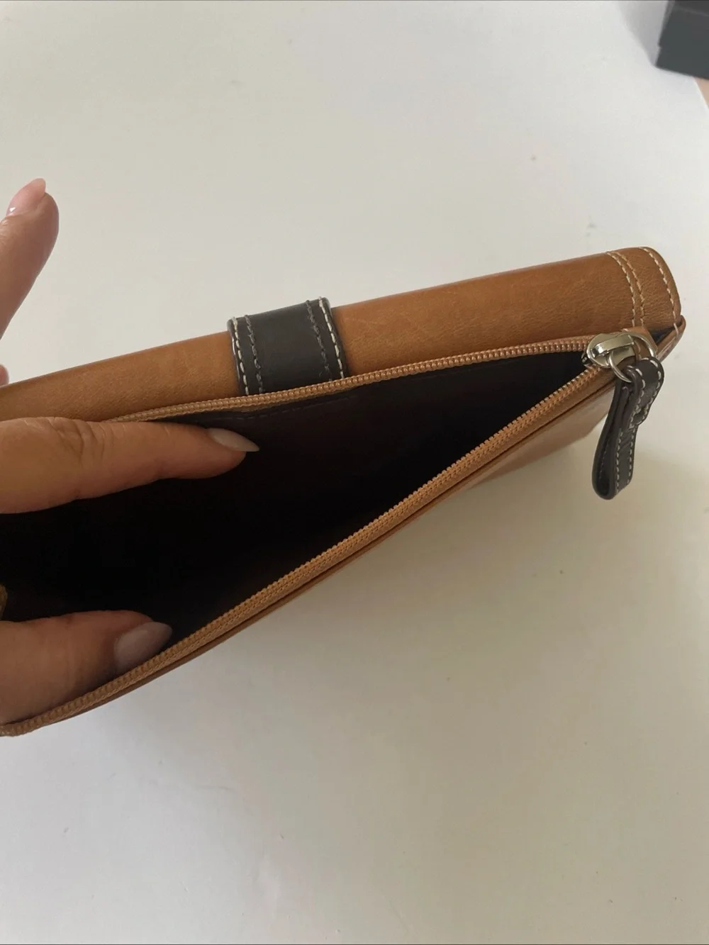 Coach Tan and Dark Brown Leather Buckle Continental Wallet
